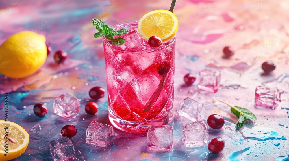 A vibrant pink cocktail with ice, lemon slices, and mint in a glass, surrounded by scattered ice cubes, cranberries, and lemon halves on a colorful surface with dramatic lighting