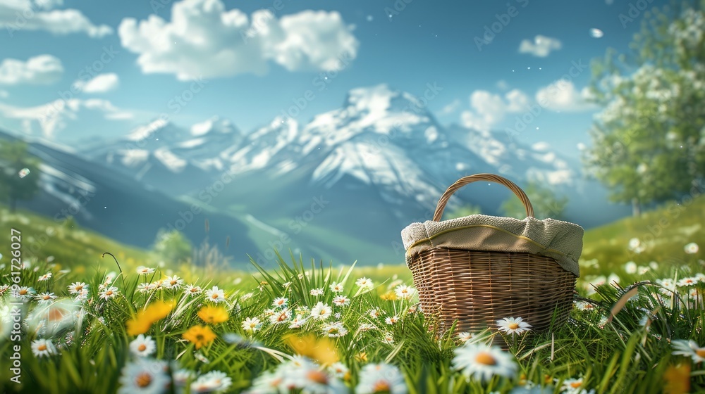 The background is gradient blue sky and white clouds, snowy mountains in the distance, creating an atmosphere full of chill. Green grass in front, picnic basket on the ground. Generative AI. The background is gradient blue sky and white clouds, snowy mountains in the distance, creating an atmosphere full of chill. Green grass in front, picnic basket on the ground. Generative AI.