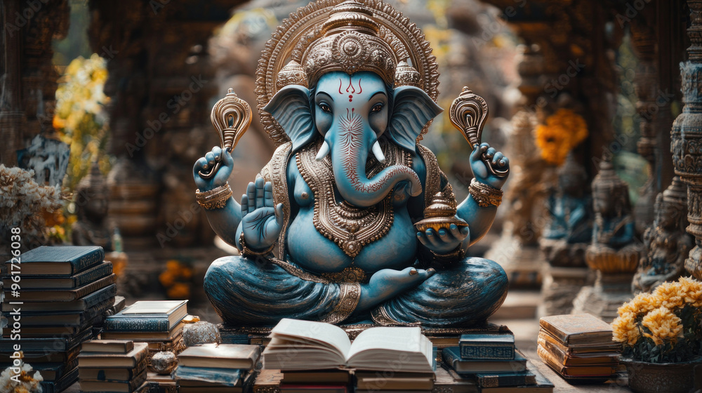 Fototapeta premium Lord Ganesha surrounded by books and pens, symbolizing knowledge and wisdom, particularly for students.