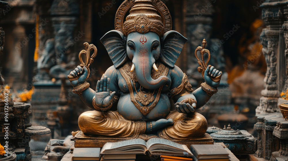 Fototapeta premium Lord Ganesha surrounded by books and pens, symbolizing knowledge and wisdom, particularly for students.
