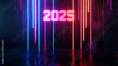 Futuristisches 2025 in leuchtendem Neon. Zukunftskonzept, digitale Ära. Dunkler Hintergrund, lebendige Farben. Tech-Ästhetik, Neujahrsmotiv. Kopierraum. abstrakt photo