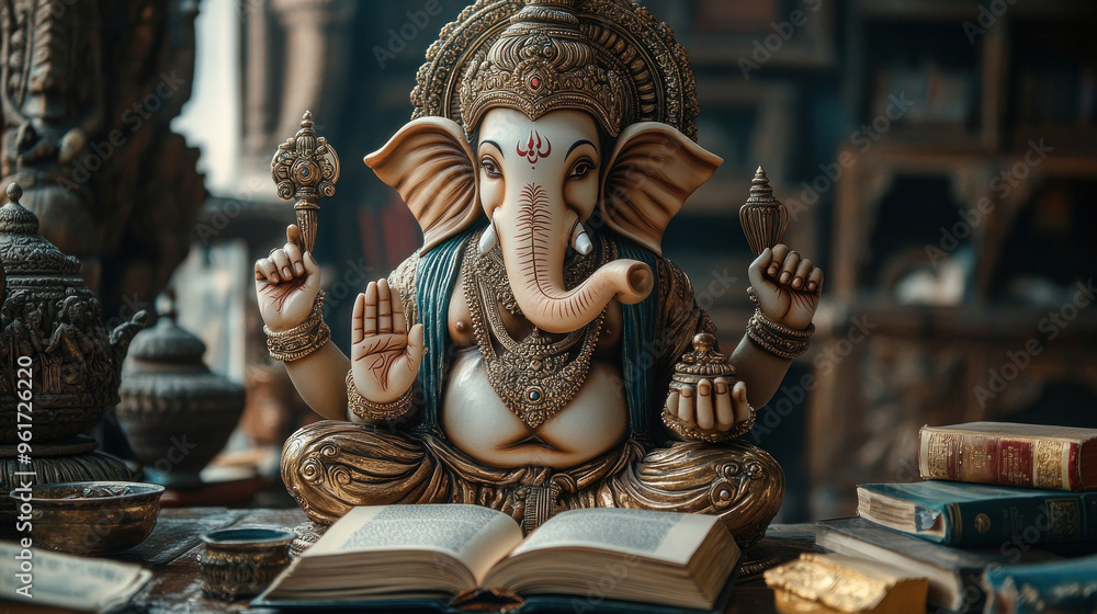 Fototapeta premium Lord Ganesha surrounded by books and pens, symbolizing knowledge and wisdom, particularly for students.