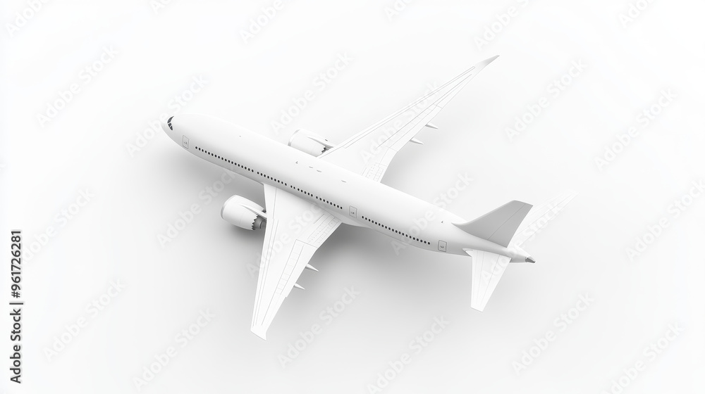 A white airplane is taking off in a 3D design against a white background. A white airplane is taking off in a 3D design against a white background.