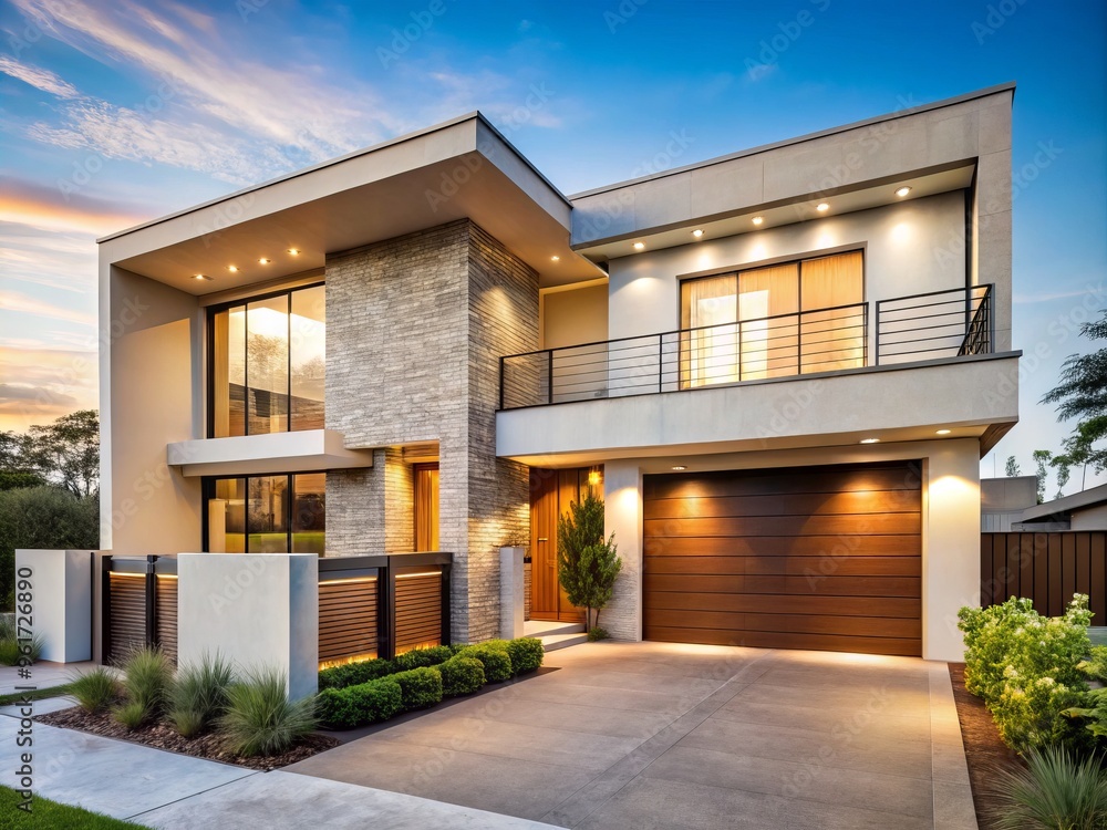 Sleek and modern, this contemporary home's light-colored facade glistens in the sunlight, a perfect addition to the Sleek and modern, this contemporary home's light-colored facade glistens in the sunlight, a perfect addition to the