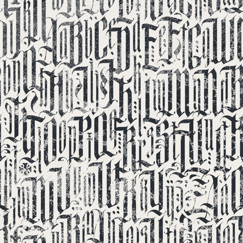 Black-white seamless pattern of Gothic letters. Repeating grunge background with medieval Latin letters. Vector texture of english alphabet letters. Wallpaper, wrapping paper, fabric Black-white seamless pattern of Gothic letters. Repeating grunge background with medieval Latin letters. Vector texture of english alphabet letters. Wallpaper, wrapping paper, fabric