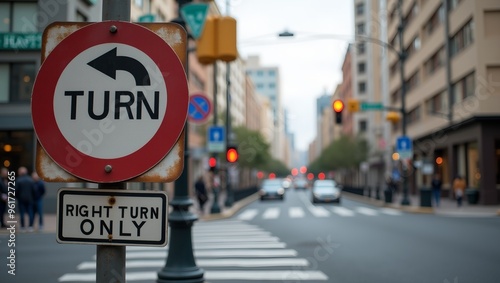 Urban Street Scene Right Turn Only Sign at City Intersection