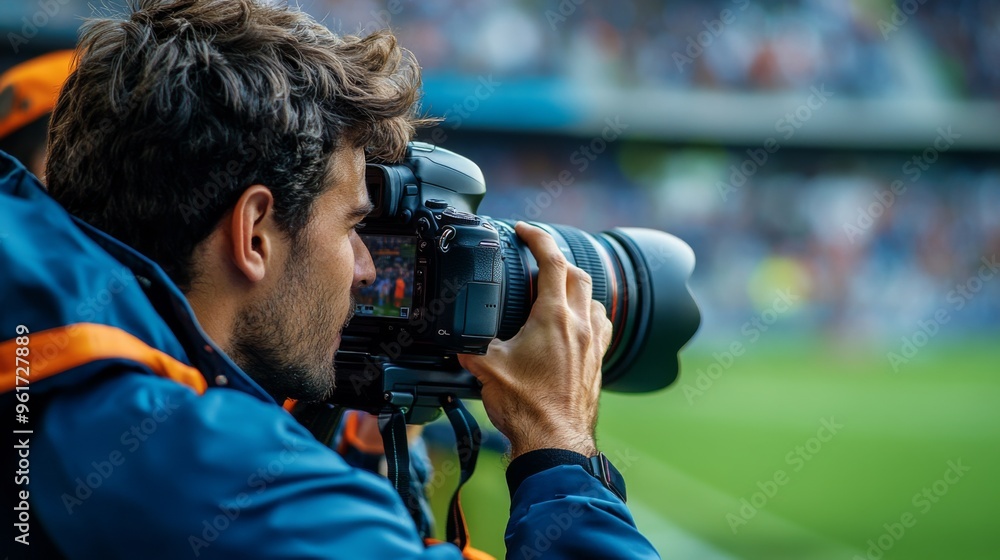 Side View of Photographer with Camera at a Sports Event Side View of Photographer with Camera at a Sports Event
