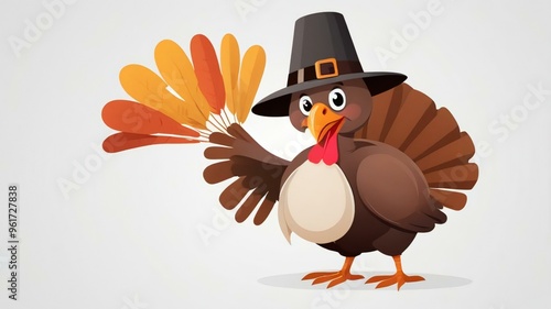 A cartoon turkey thanksgiving in a pilgrim hat on white background