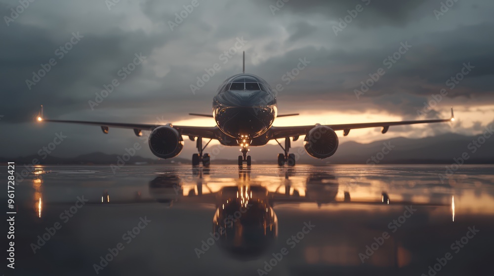 Glowing Sunset Reflections: Plane Taxiing on Wet Runway with Atmospheric Lighting in 8K Quality, Generative Ai Glowing Sunset Reflections: Plane Taxiing on Wet Runway with Atmospheric Lighting in 8K Quality, Generative Ai