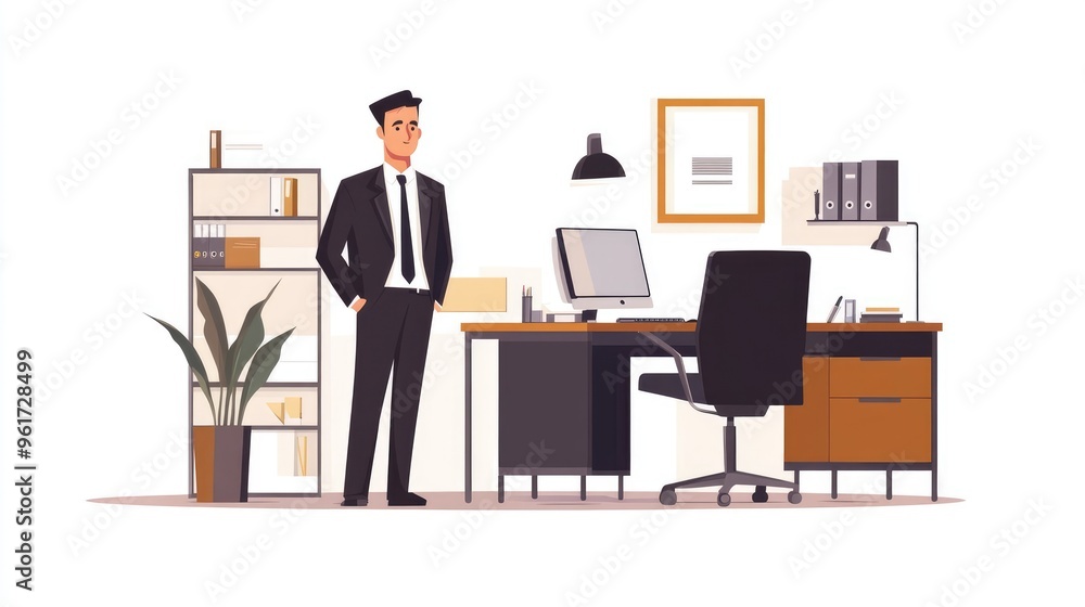 Flat Design Illustration of a Businessman Working in a Modern Office on Clean White Background Flat Design Illustration of a Businessman Working in a Modern Office on Clean White Background