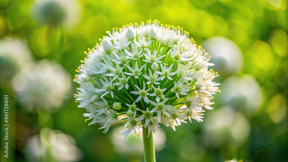 Delicate white blooms of garlic unfold amidst lush green stalks, set against a softly blurred backdrop of verdant foliage. Delicate white blooms of garlic unfold amidst lush green stalks, set against a softly blurred backdrop of verdant foliage.