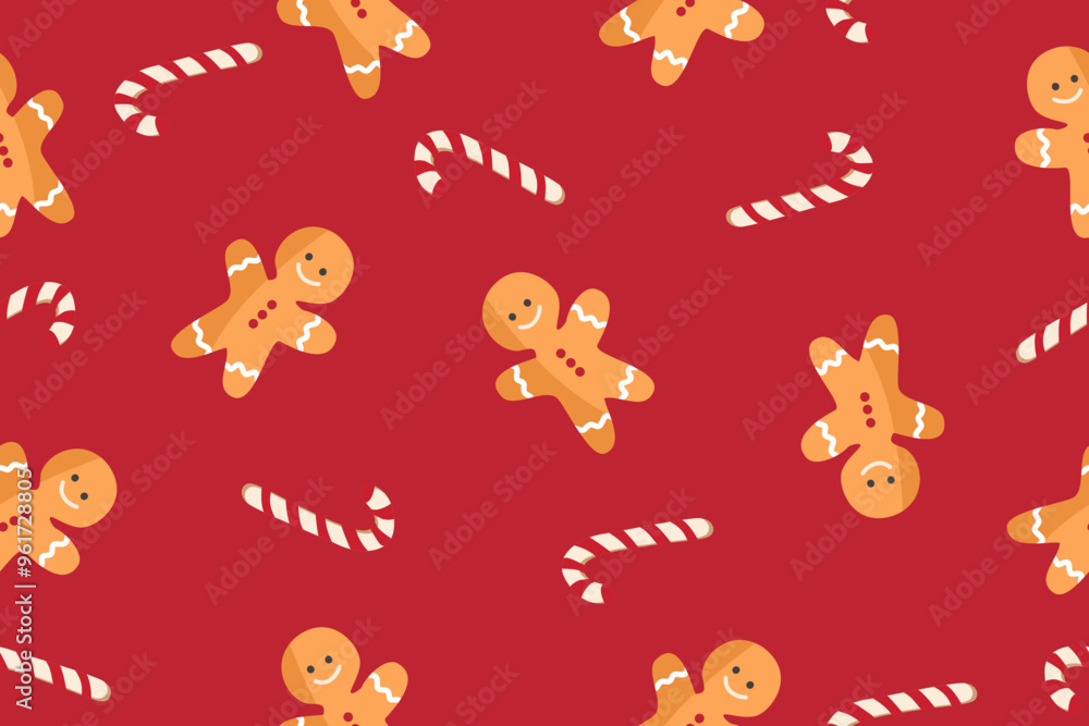 An endless Christmas pattern with cute decor elements on a red background. Flat cartoon illustration for postcards, banners, posters, packaging, paper. Seamless vector repeating pattern. An endless Christmas pattern with cute decor elements on a red background. Flat cartoon illustration for postcards, banners, posters, packaging, paper. Seamless vector repeating pattern.