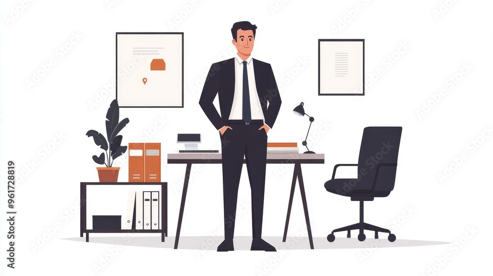 Flat Design Illustration of a Businessman Working in a Modern Office on Clean White Background Flat Design Illustration of a Businessman Working in a Modern Office on Clean White Background