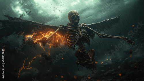 A skeleton with wings is flying through a stormy sky