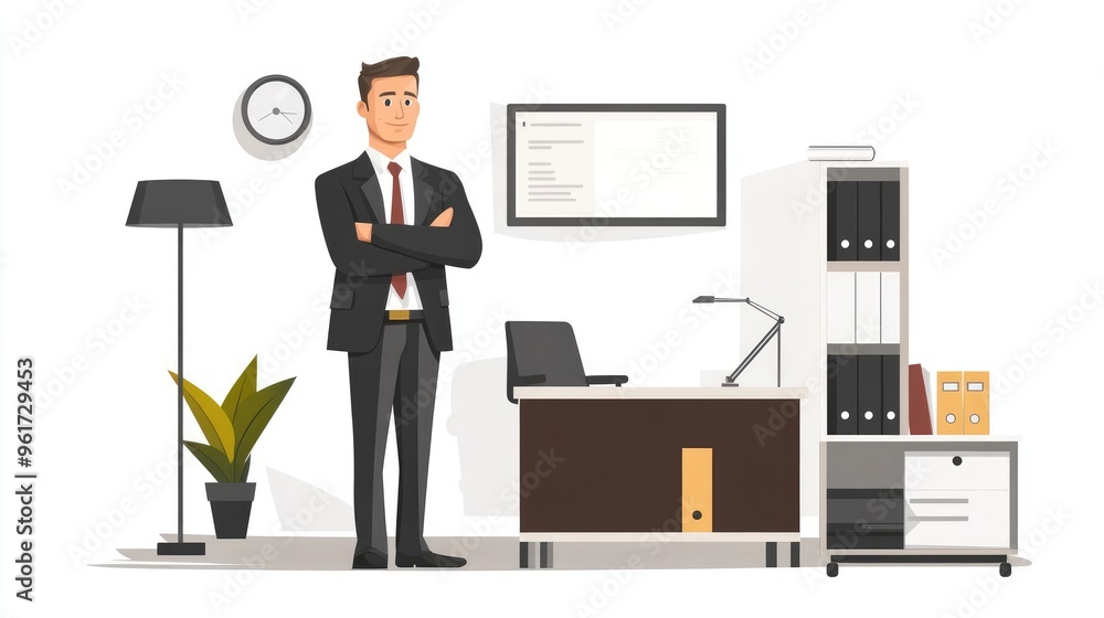 Flat Design Illustration of a Businessman Working in a Modern Office on Clean White Background