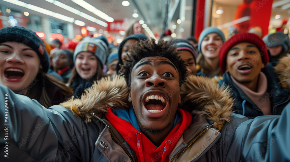 Group of enthusiastic shoppers screaming with excitement on Black Friday. Group of enthusiastic shoppers screaming with excitement on Black Friday.
