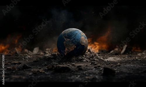 A globe surrounded by fire and smoke highlights environmental concern in an apocalyptic setting at dusk photo