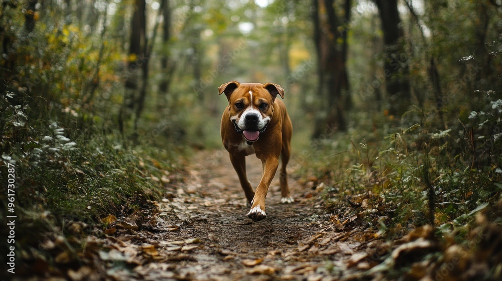 Obraz premium A dog walking along a forest path surrounded by autumn leaves.