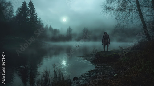 A dark, eerie zombie stands on a rock by a lake in the dark