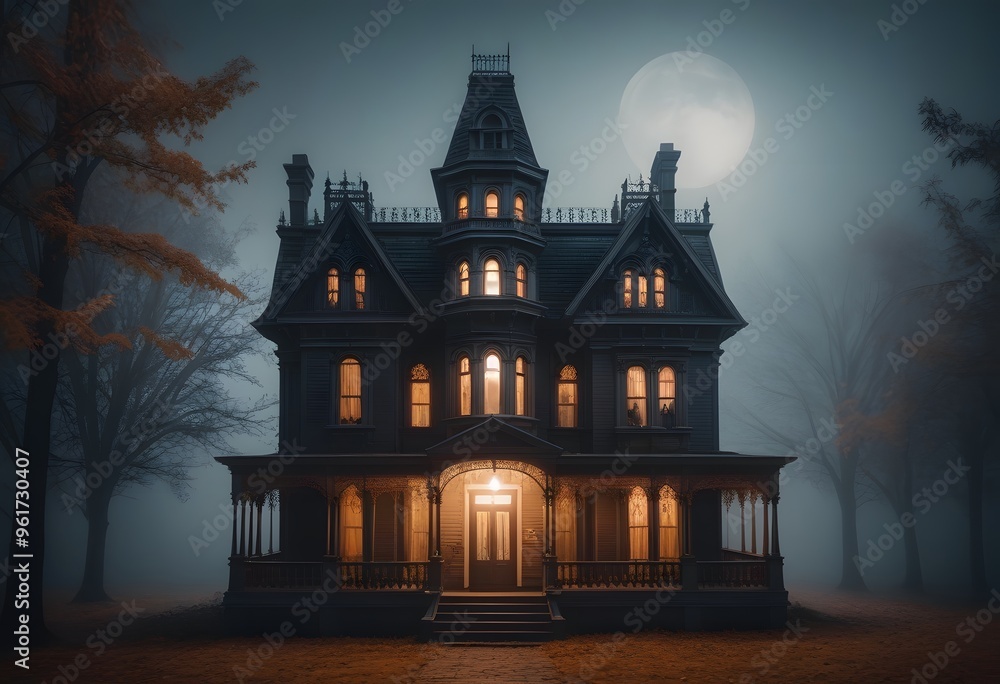 Spooky haunted halloween house at night with lights on.
Spooky haunted halloween house at night with lights on.