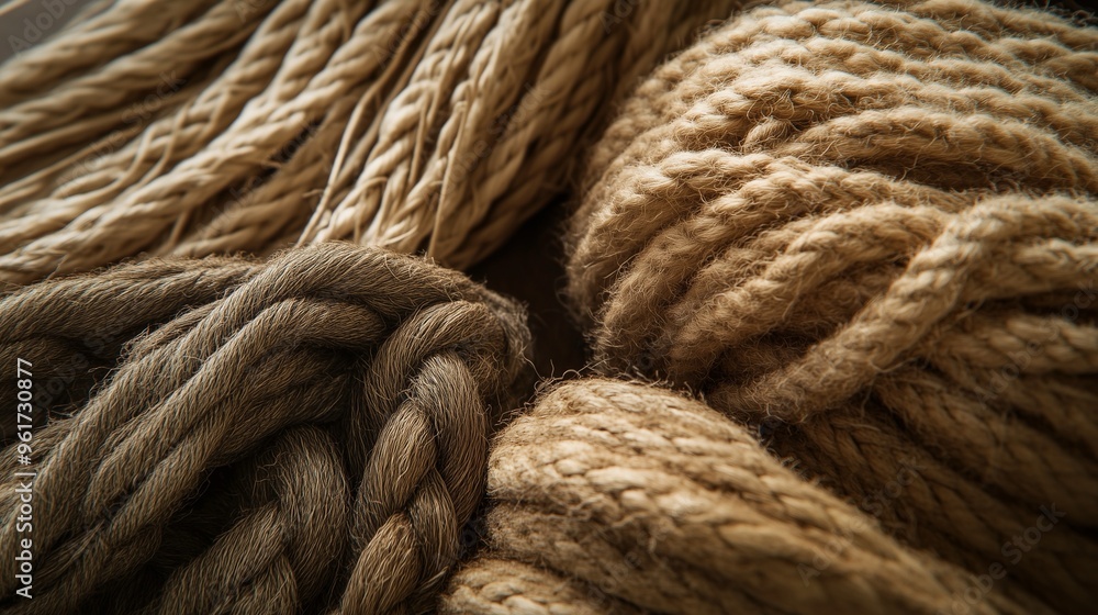 Detailed close-up image of various thick natural twisted ropes, highlighting their textures and fibers in earthy tones. Detailed close-up image of various thick natural twisted ropes, highlighting their textures and fibers in earthy tones.