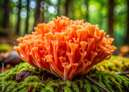 Softly glowing coral-colored scales cover the forest floor, a fungus growing in clusters, its delicate texture like photo