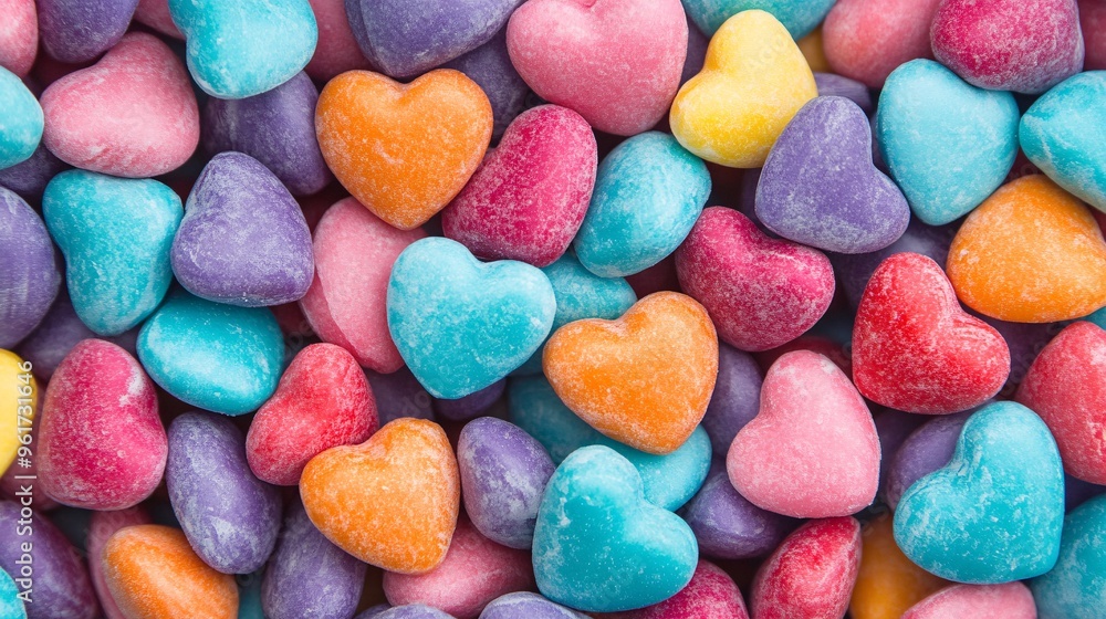 Colorful heart-shaped candies in various pastel shades create a vibrant and joyful display. Colorful heart-shaped candies in various pastel shades create a vibrant and joyful display.