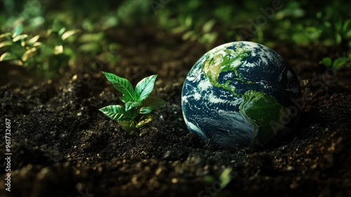 Green planet earth with green plants on soil background. Earth Day concept