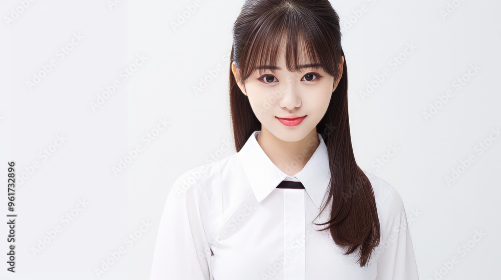 Happy pretty Asian student girl in school uniform. Neural network ai generated art Happy pretty Asian student girl in school uniform. Neural network ai generated art
