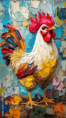 Oil painting style, a chicken depicted with rich, textured brushstrokes, capturing its natural plumage and vibrant colors in a classic and detailed manner. photo