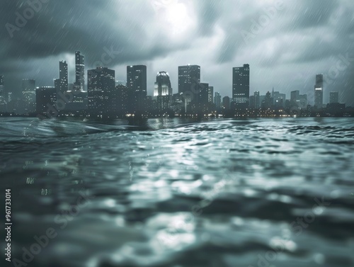 Moody cityscape with dark clouds and reflective water, capturing the essence of a stormy urban environment.