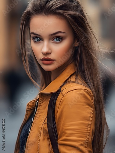 Portrait of a Beautiful Woman with Long Brown Hair in a Brown Leather Jacket