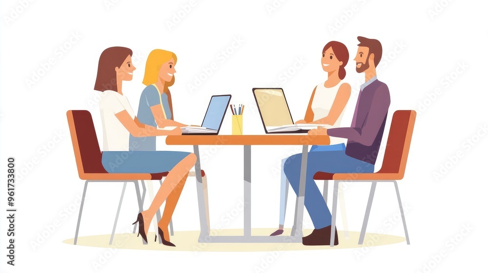 Flat Design Illustration of Colleagues in a Work Discussion on Clean White Background Flat Design Illustration of Colleagues in a Work Discussion on Clean White Background