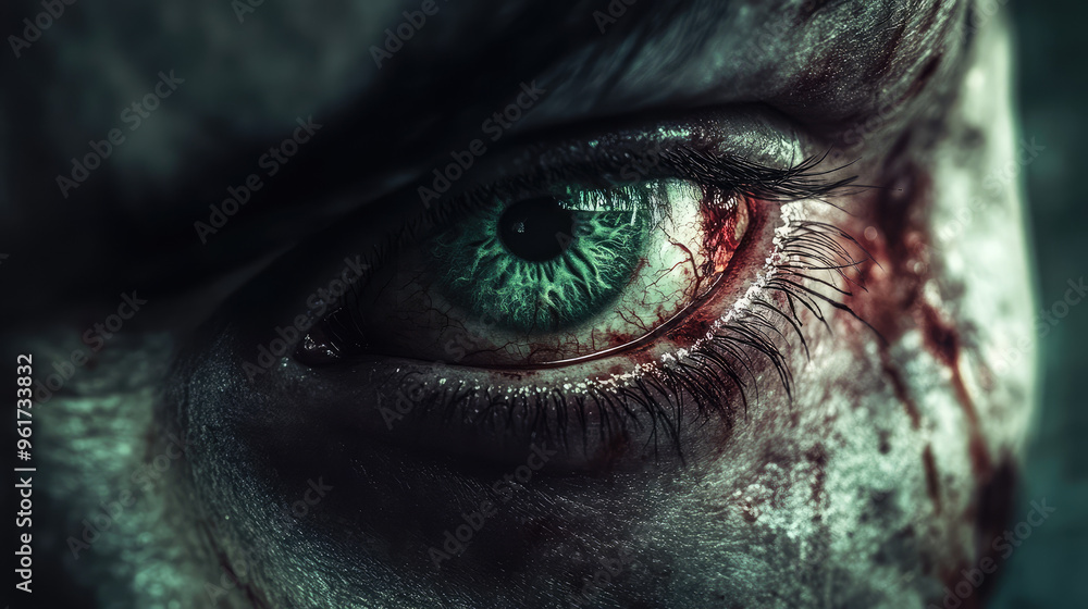 A close up of a person's eye with a green iris and red bloodshot lids A close up of a person's eye with a green iris and red bloodshot lids