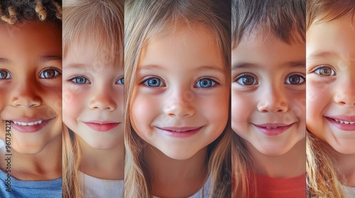 Kindergarten portrait of multiracial smiling different toddler boys and girls. Happy children faces in mosaic collection. Adorable kids diversity concept