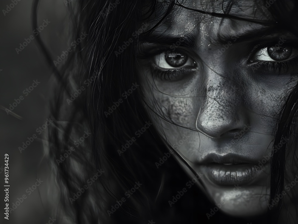 Close Up Black and White Portrait of a Woman s Face with Dramatic Eyes Close Up Black and White Portrait of a Woman s Face with Dramatic Eyes