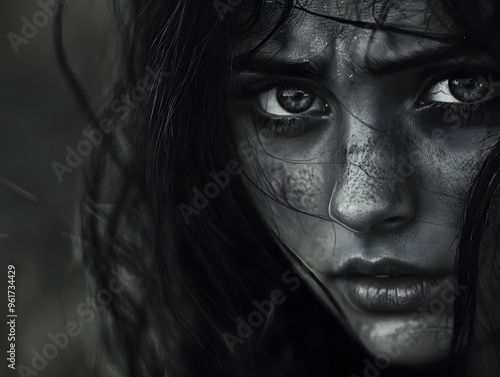 Close Up Black and White Portrait of a Woman s Face with Dramatic Eyes