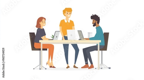 Flat Design Illustration of Colleagues in a Work Discussion on Clean White Background