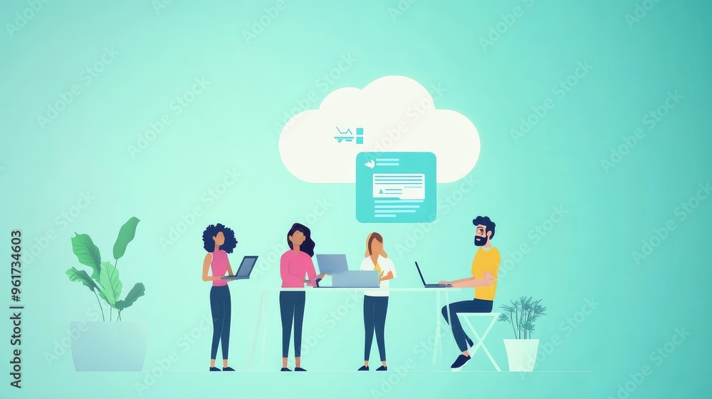 Multicultural team using cloud-based software, flat design, side view, tech startup theme, animation, vivid Multicultural team using cloud-based software, flat design, side view, tech startup theme, animation, vivid