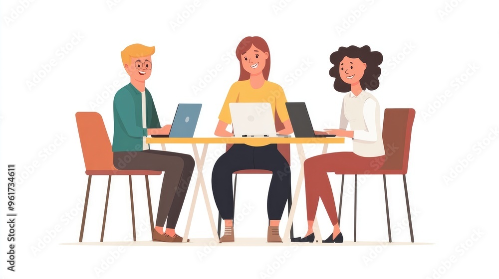 Flat Design Illustration of Colleagues in a Work Discussion on Clean White Background Flat Design Illustration of Colleagues in a Work Discussion on Clean White Background