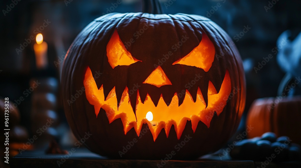 Fototapeta premium Halloween Evil Jack-o'-Lantern with Glowing Face in Darkness