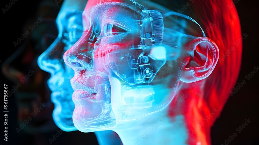 Holographic display showcasing different facial implant options and their precise placements for cosmetic enhancement and medical procedures Holographic display showcasing different facial implant options and their precise placements for cosmetic enhancement and medical procedures