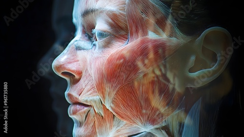 A highly detailed holographic visualization of the intricate facial muscle layers and their anatomical relationships designed for medical education surgical planning photo