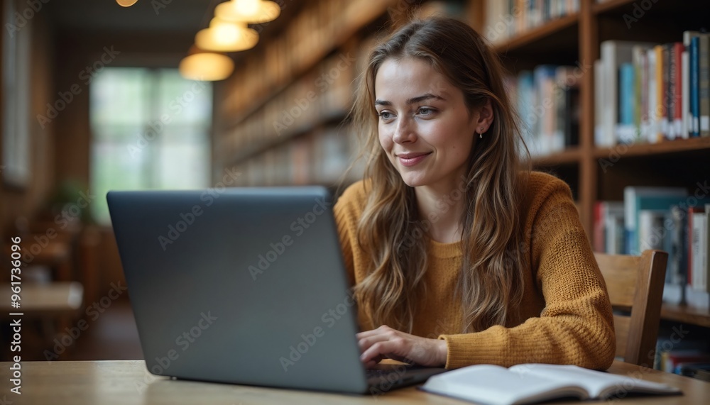 Beautiful Caucasian Female Student Working on a Laptop Computer in the Library. Beautiful Caucasian Female Student Working on a Laptop Computer in the Library.