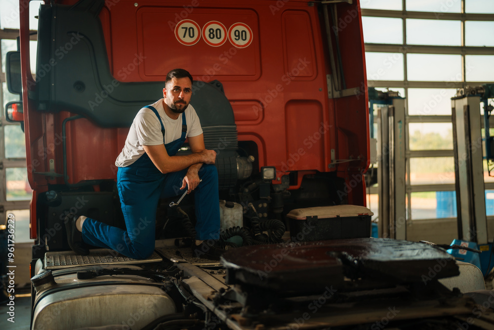 Professional mechanic in blue overalls is working on the engine of a large truck. He is kneeling on the truck, focused on maintenance tasks. Professional mechanic in blue overalls is working on the engine of a large truck. He is kneeling on the truck, focused on maintenance tasks.