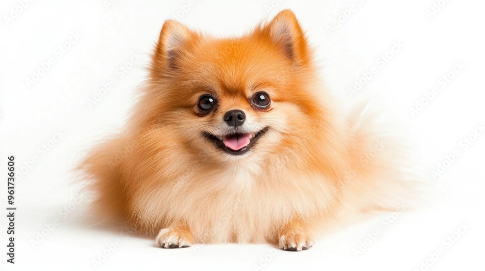 A fluffy Pomeranian dog with a cheerful expression, lying on a white background. A fluffy Pomeranian dog with a cheerful expression, lying on a white background.