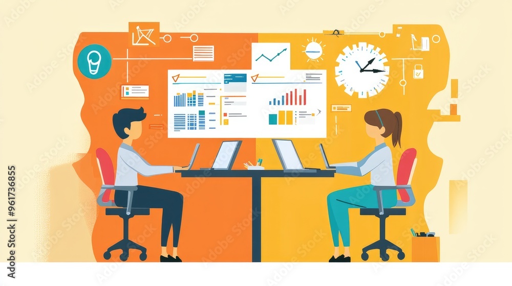 Project planning with agile methodology, flat design, front view, professional theme, cartoon drawing, Split-complementary color scheme Project planning with agile methodology, flat design, front view, professional theme, cartoon drawing, Split-complementary color scheme