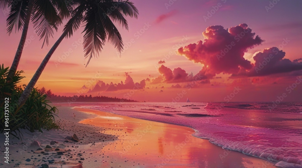 Sunset beach with pink sky and palm tree Sunset beach with pink sky and palm tree