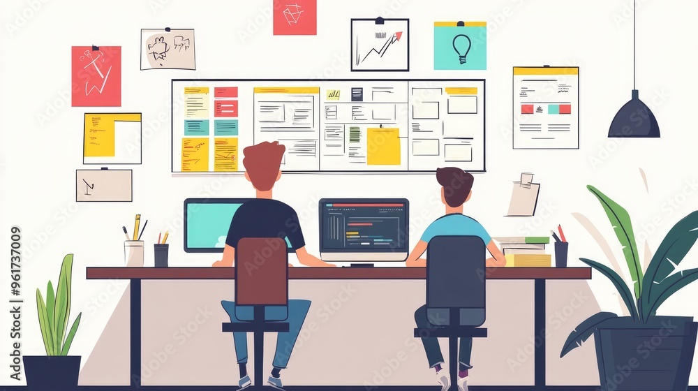 Project planning with agile methodology, flat design, front view, professional theme, cartoon drawing, Split-complementary color scheme Project planning with agile methodology, flat design, front view, professional theme, cartoon drawing, Split-complementary color scheme