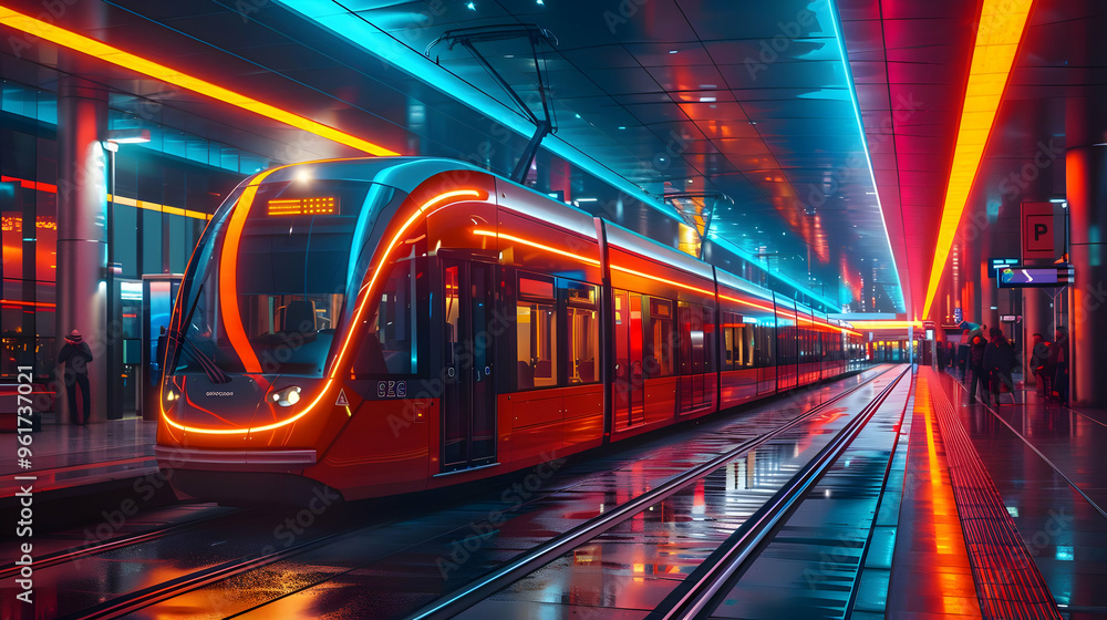 Futuristic Train Station Illustration with Neon Lights Futuristic Train Station Illustration with Neon Lights